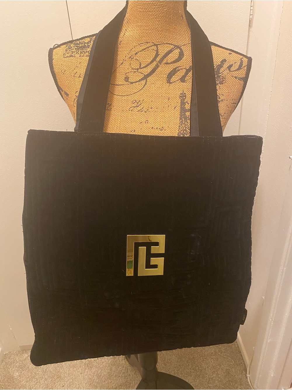 Balmain Black Velvet Tote with Gold Emblem
